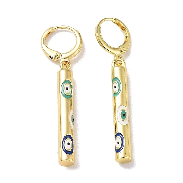 

PandaHall Real 18K Gold Plated Brass Dangle Leverback Earrings, with Enamel, Column with Evil Eye, Colorful, 44x4.5mm Brass Column