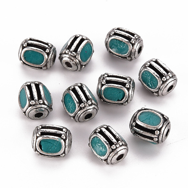 

PandaHall Handmade Indonesia Beads, with Brass Findings, Barrel, Antique Silver, Teal, 10.5~11x8.5~9mm, Hole: 2mm Polymer Clay Barrel Cyan