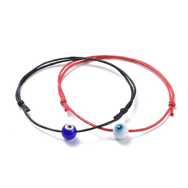 

PandaHall Adjustable Waxed Cotton Cord Bracelet Sets, with Handmade Lampwork Evil Eye Round Beads, Mixed Color, 2 inch~3-7/8 inch(5~9.9cm)..., Multicolor