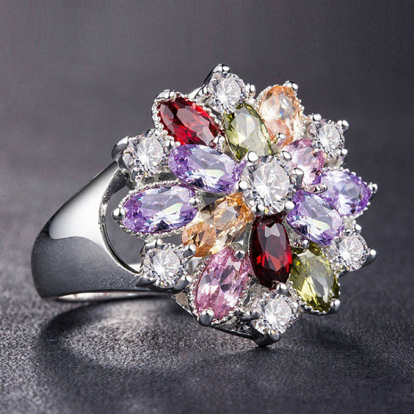 

PandaHall Cubic Zirconia Flower Finger Ring, Colorful, US Size 6(16.5mm) Metal Flower