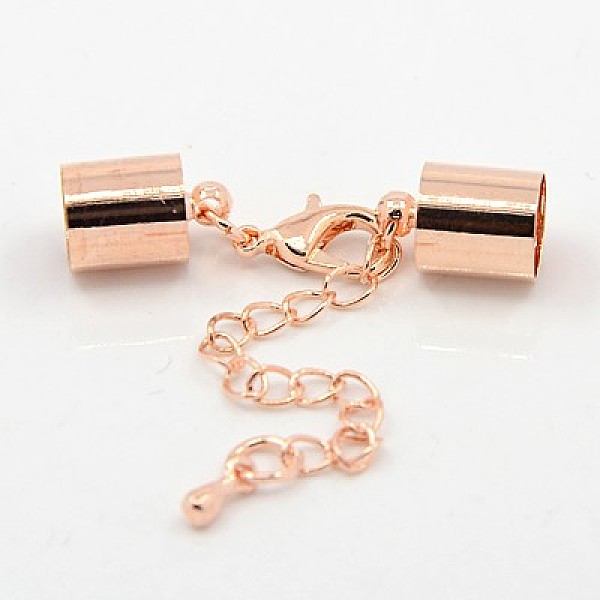 PandaHall Iron Chain Extender, with Lobster Claw Clasps and Brass Cord Ends, Rose Gold, 28mm, Cord End: 8x4mm, hole: 3mm Iron