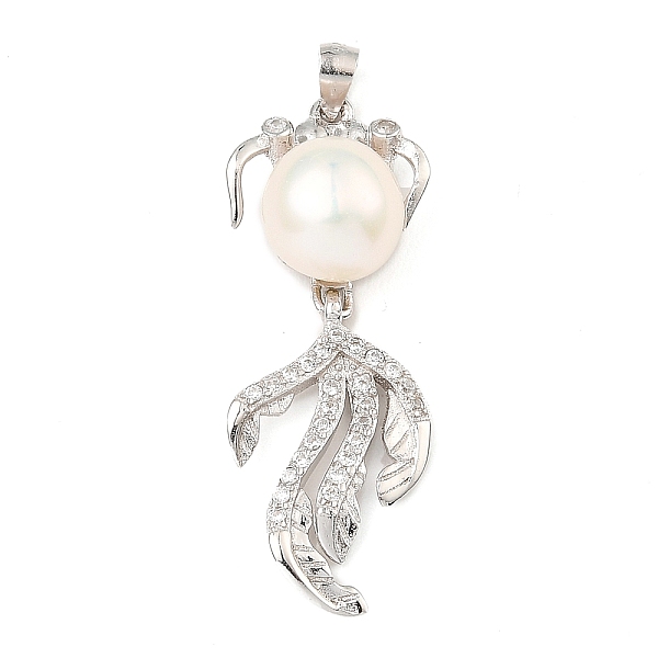 

PandaHall Rhodium Plated 925 Sterling Silver Pendants, with Cubic Zirconia and Natural Pearl Beads, Fish Charms, with S925 Stamp, Real...