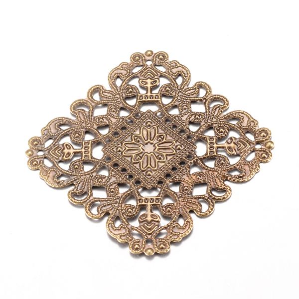 

PandaHall Iron Links, Etched Metal Embellishments, Rhombus, Antique Bronze, 51x51x1mm, Hole: 1mm, side: 40mm Iron Rhombus