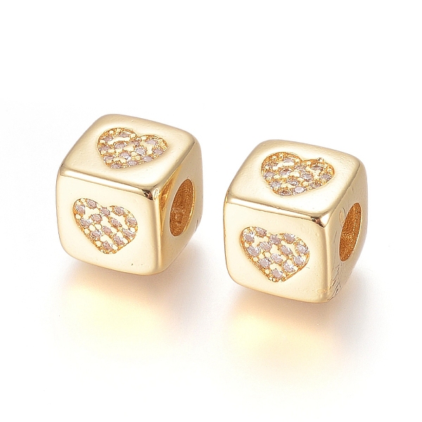 

PandaHall Brass Micro Pave Cubic Zirconia European Beads, Large Hole Beads, Long-Lasting Plated, Cube with Heart Pattern, Clear, Golden...