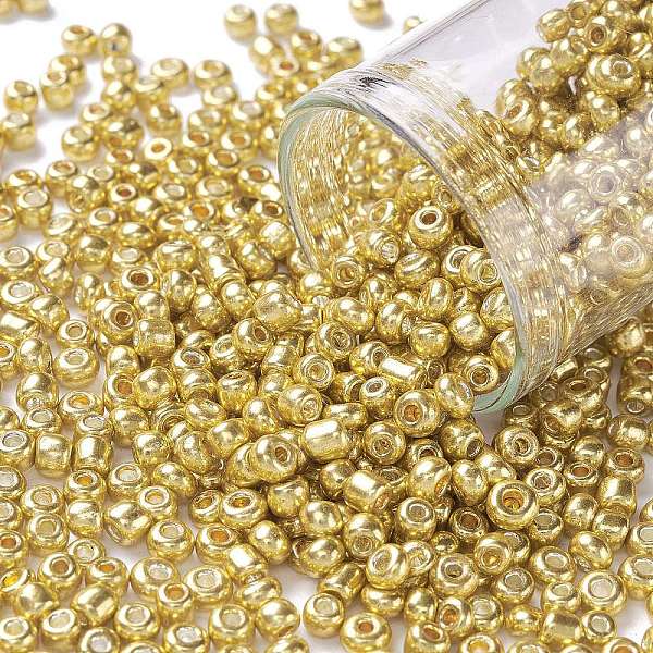 

PandaHall 8/0 Glass Seed Beads, Metallic Colours Style, Round, Gold, 8/0, 3mm, Hole: 1mm, about 1111pcs/50g Glass Gold