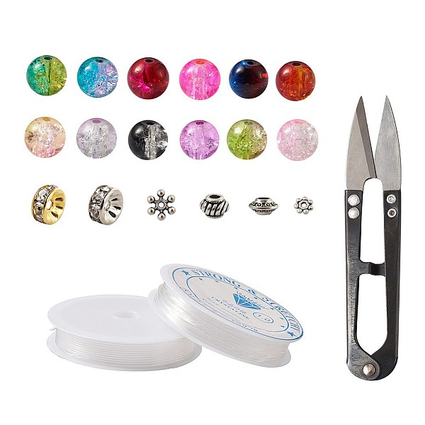 

PandaHall DIY Jewelry Sets, with Spray Painted Crackle Glass Beads, Elastic Crystal Thread, Sharp Steel Scissors and Metal Spacer Beads..., Multicolor