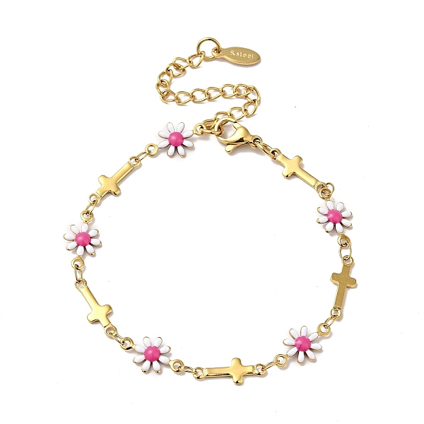 

PandaHall Enamel Flower & Cross Link Chain Bracelet, Gold Plated 304 Stainless Steel Jewelry for Women, Cerise, 6-5/8 inch(16.9cm) 304..., Red