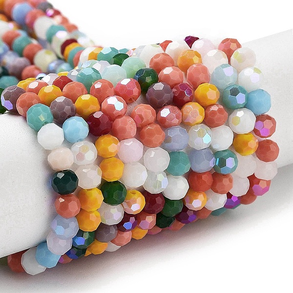 

PandaHall Opaque Glass Beads Strands, Faceted, Round, Mixed Color, 4mm, Hole: 0.8mm, about 87~93pcs/strand, 32~33cm Glass Round Multicolor