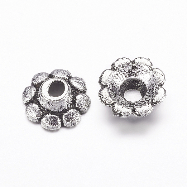 

PandaHall Tibetan Style Alloy Bead Caps, Lead Free and Cadmium Free, Flower, Antique Silver, 8x3mm, Hole: 2mm Alloy