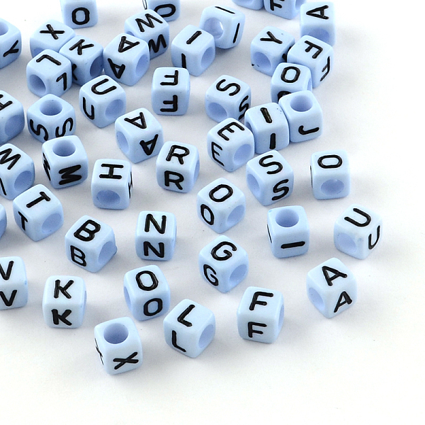 

PandaHall Letter Style Opaque Acrylic Beads, Horizontal Hole, Cube, Light Sky Blue, 6x6x6mm, Hole: 3.5mm, about 2700pcs/500g Acrylic Cube