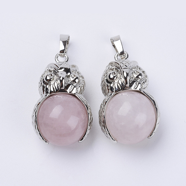

PandaHall Natural Rose Quartz Pendants, with Platinum Tone Brass Findings, Owl with Round Ball, 31x18.5x16mm, Hole: 5x8mm Rose Quartz Owl