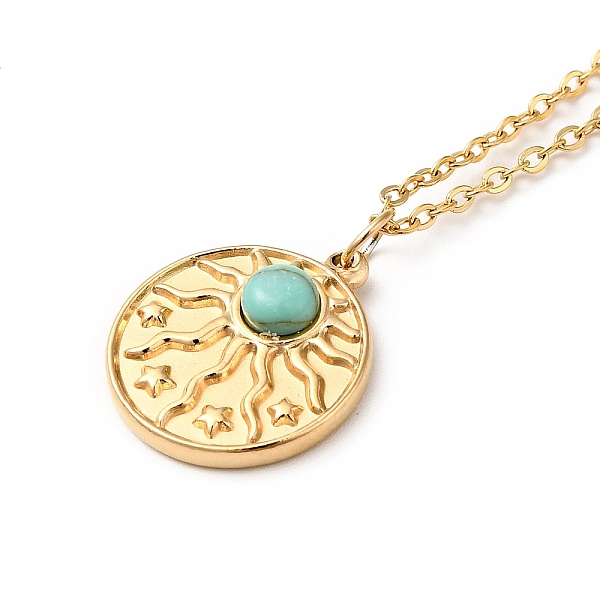 

PandaHall Synthetic Turquoise Pendant Necklace, Gold Plated 304 Stainless Steel Jewelry for Men Women, Sun Pattern, Pendant: 17x15x4mm...