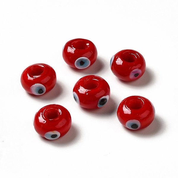 

PandaHall Handmade Evil Eye Lampwork Beads, Rondelle, FireBrick, 13~14.5x13.5~15x8~9mm, Hole: 4.5mm Lampwork Rondelle Red