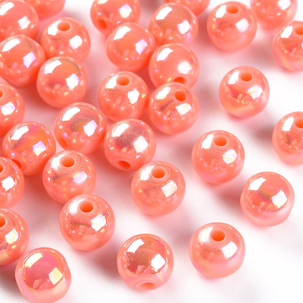 

PandaHall Opaque Acrylic Beads, AB Color Plated, Round, Dark Salmon, 10x9mm, Hole: 2mm, about 940pcs/500g Acrylic Round