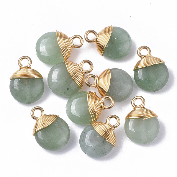 

PandaHall Natural Green Aventurine Pendants, with Golden Tone Brass Wires and Iron Loops, Half Drilled, Flat Round, 14~15x10~11x5~6mm, Hole...