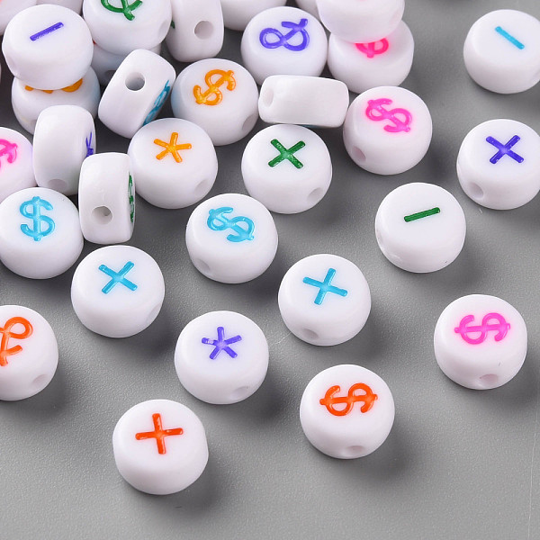 

PandaHall Craft Style White Acrylic Hashtag Beads, Flat Round with Mixed Color English Character, Mixed Color, 7x3.5mm, Hole: 1.5mm, about..., Multicolor