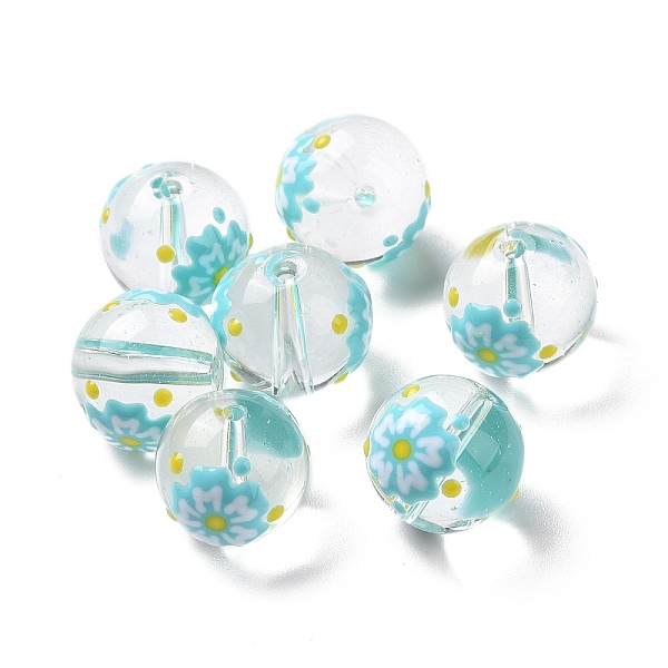 

PandaHall Transparent Glass Beads, with Enamel, Round, Sky Blue, Flower Pattern, 14~15x13~13.5mm, Hole: 1.5~1.6mm Glass Flower