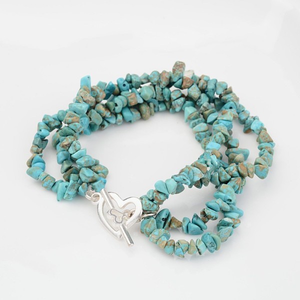 

PandaHall Chip Natural Turquoise(Dyed) Beaded Multi-Strand Bracelets, with Metal Alloy Bar & Ring Toggle Clasps and Brass Findings, 200x13mm...