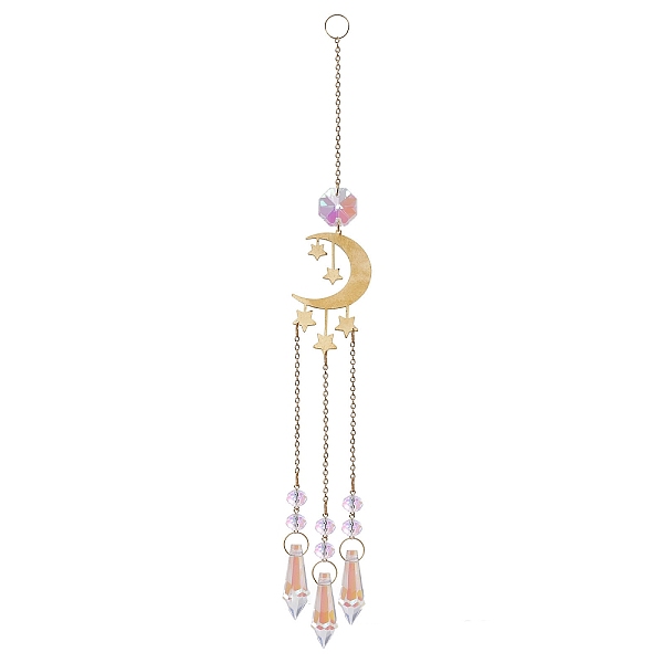 

PandaHall Metal Moon Star Hanging Ornaments, Cone Glass Tassel Suncatchers Home Garden Decoration, Golden, 290mm Glass Cone
