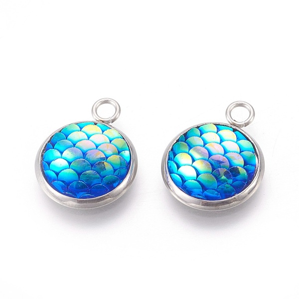 

PandaHall Resin Pendants, with 304 Stainless Steel Finding, Flat Round with Mermaid Fish Scale Shaped, Stainless Steel Color, Deep Sky Blue...