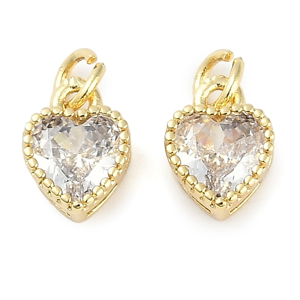 Real 18K Gold Plated Brass Inlaid Cubic Zirconia Charms, with Jump Ring, Long-Lasting Plated, Heart, Clear, 9.5x7x4mm, Jump Ring: 4x0.5mm, 2.5mm Inner Diameter