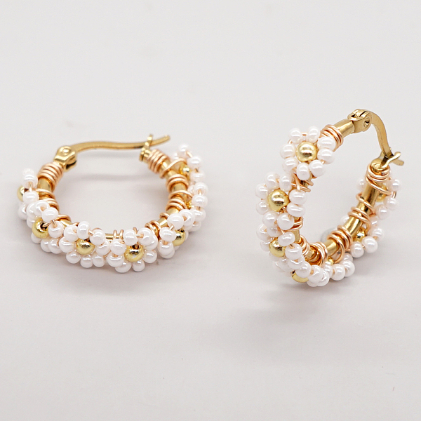 Boucles d'oreilles créoles bohèmes en perles de verre tressées et fleurs pour femmes