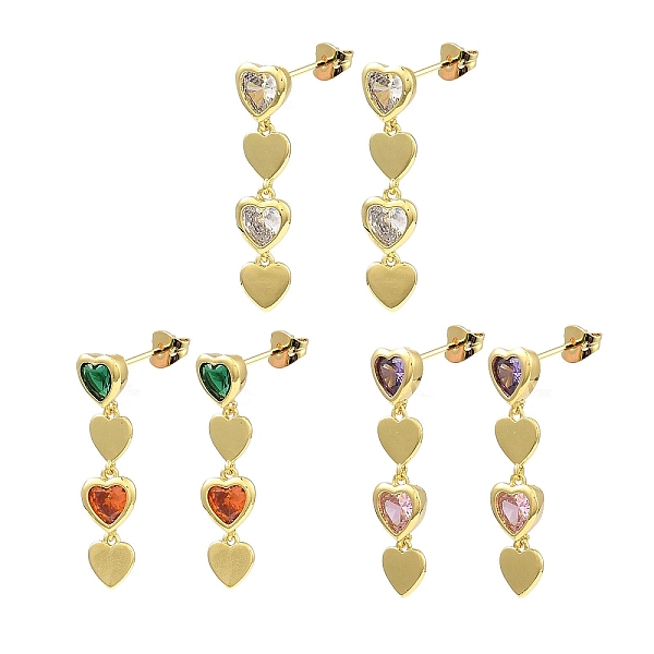 PandaHall Cubic Zirconia Heart Dangle Stud Earrings, Real 18K Gold Plated Brass Drop Earrings, Lead Free & Cadmium Free, Mixed Color, 31x8mm...