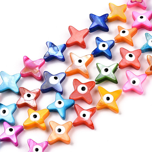 

PandaHall Electroplate Natural Freshwater Shell Beads Strands, with Enamel, Dyed, Star with Evil Eye, Colorful, 10~13x9.5~13x3.5mm, Hole...