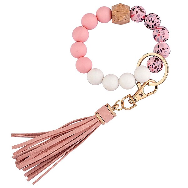 

PandaHall Silicone Key Ring Bracelet Personalized Wristlet Keychain Beaded Keychain with Tassel Bohemian Wrist Keychain for Women Girls..., Pink