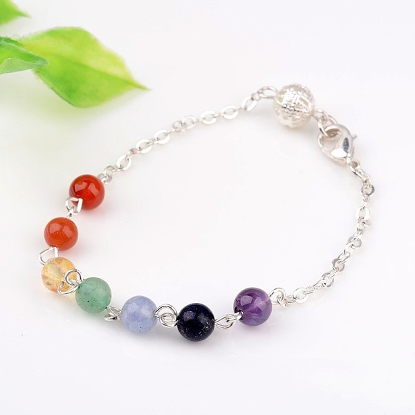 

PandaHall Chakra Jewelry Natural Gemstone Round Bead Link Bracelets, with Brass Cable Chains and Lobster Claw Clasps, Silver Color Plated...