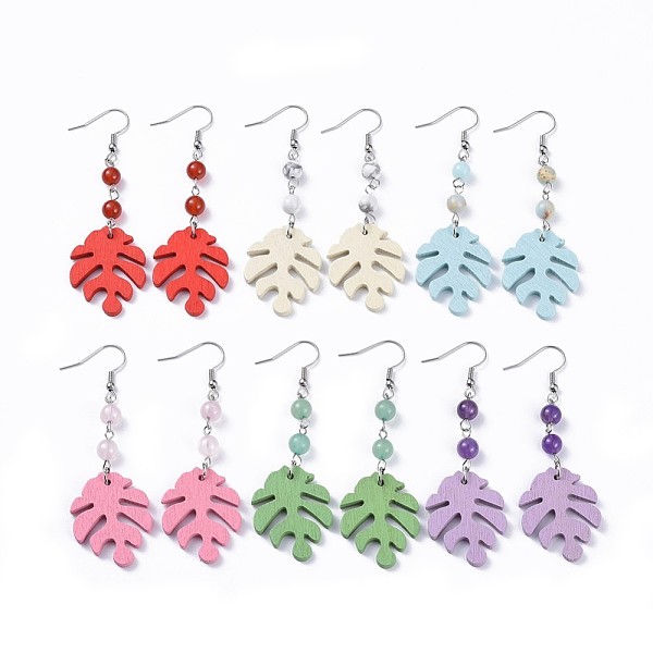 

PandaHall Tropical Theme Monstera Leaf Poplar Wood Dangle Earrings, with Natural & Synthetic Gemstone Round Beads and 316 Surgical Stainless..., Multicolor