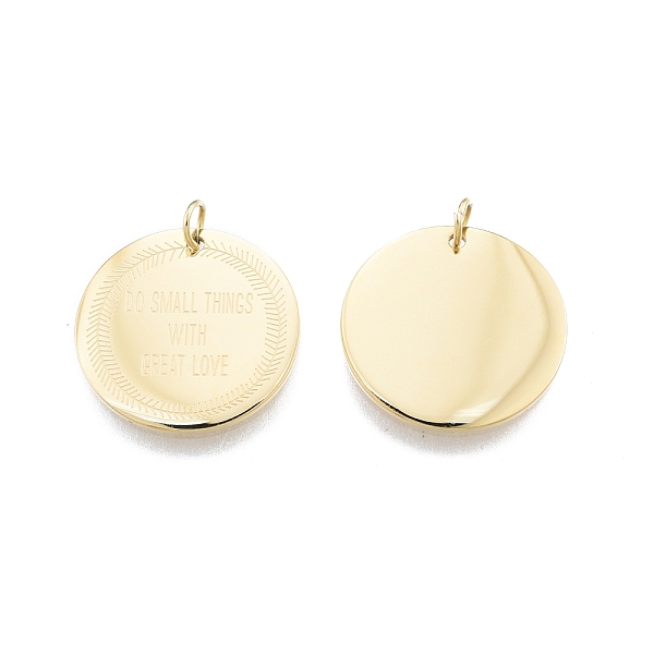 

PandaHall Ion Plating(IP) 304 Stainless Steel Pendants, with Jump Ring, Flat Round with Word Do Small Things with Great Love, Real 14K Gold...