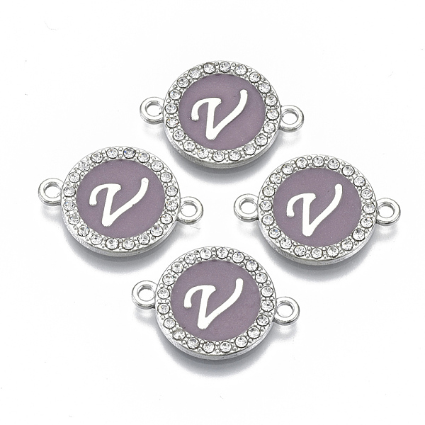 

PandaHall Alloy Enamel Links Connectors, with Crystal Rhinestones, Flat Round with Letter, Silver Color Plated, Letter.V, 22x16x2mm, Hole..., Purple