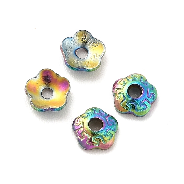 PandaHall Ion Plating(IP) 304 Stainless Steel Bead Caps, Flower, 5-Petal, Rainbow Color, 4x4x1mm, Hole: 1mm 304 Stainless Steel