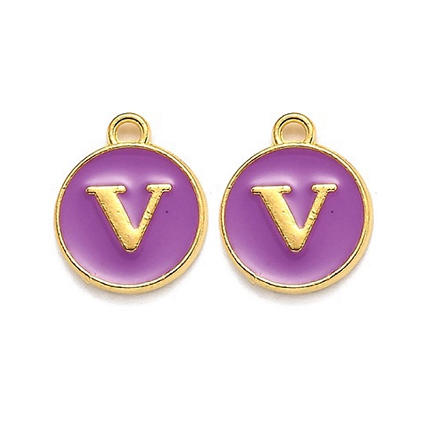 

PandaHall Golden Plated Alloy Enamel Charms, Enamelled Sequins, Flat Round with Alphabet, Letter.V, Purple, 14x12x2mm, Hole: 1.5mm...