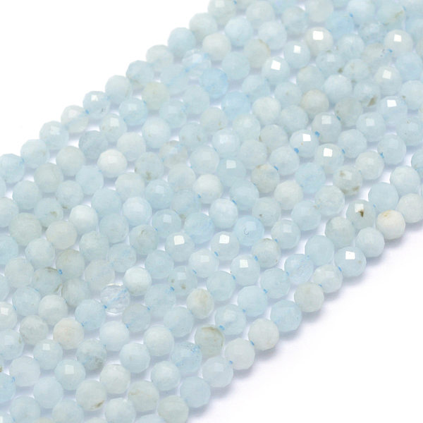 

PandaHall Natural Aquamarine Beads Strands, Faceted, Round, 3mm, Hole: 0.5mm, about 113pcs/strand, 15.35 inch(39cm) Aquamarine Round