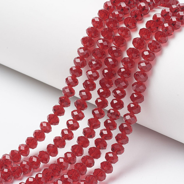 

PandaHall Glass Beads Strands, Faceted, Rondelle, FireBrick, 8x6mm, Hole: 1mm, about 63~65pcs/strand, 39~40cm Glass Rondelle Red