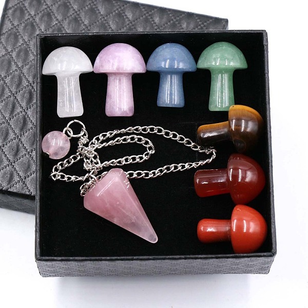 

PandaHall Natural Gemstone Dowsing Pendulum Hexagonal Cone Big Pendants & Mushromm Massage Stone Sets, for Chakras Balancing, Crystal...