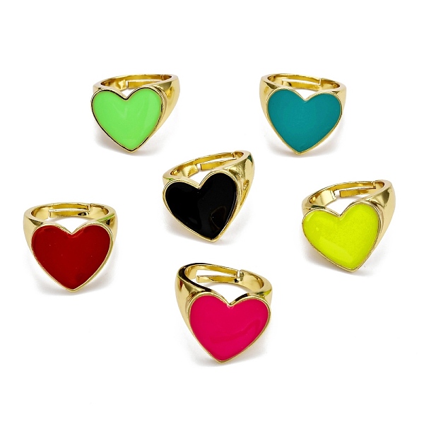 

PandaHall Adjustable Brass Enamel Finger Rings, Heart, Real 18K Gold Plated, Mixed Color, US Size 7 1/2(17.7mm) Brass Multicolor