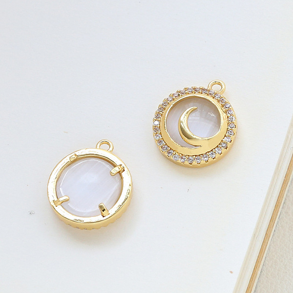 

PandaHall Brass Micro Pave Cubic Zirconia Pendants, with Cat Eyes, Half Round, Moon, 15x13mm Brass+Cubic Zirconia Moon Clear
