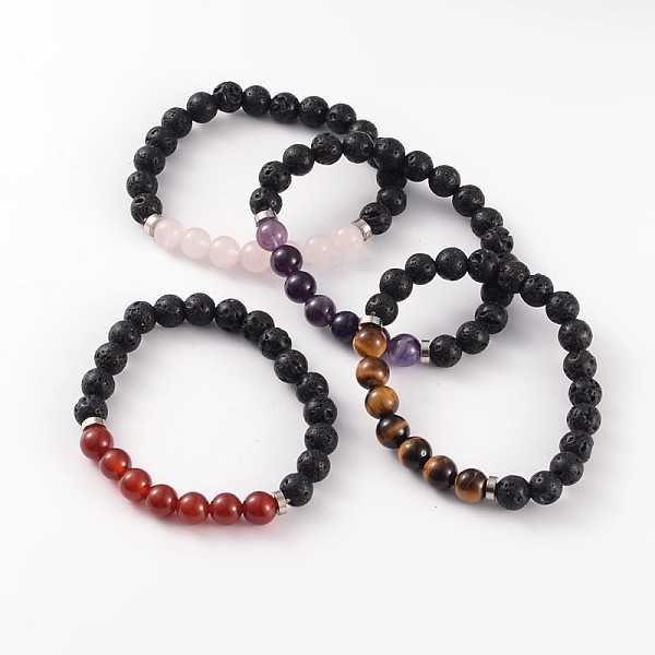 

PandaHall Natural Lava Rock Beaded Stretch Bracelets, with Gemstone Beads and Brass Findings, Platinum, 58mm Mixed Stone
