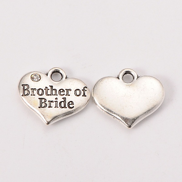 

PandaHall Wedding Party Supply Antique Silver Alloy Rhinestone Heart Carved Word Brother of Bride Wedding Family Charms, Cadmium Free & Lead..., Clear