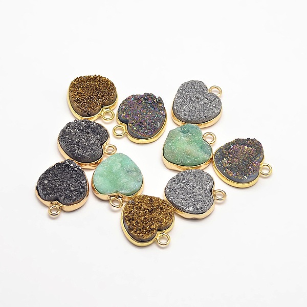 

PandaHall Electroplate Natural Druzy Crystal Charms, with Golden Tone Brass Findings, Heart, Dyed, Mixed Color, 18x15x5~7mm, Hole: 2mm..., Multicolor