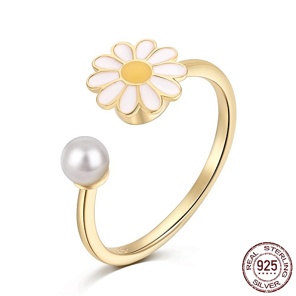 PandaHall 925 Sterling Silver Open Finger Rings, with Enamel & 925 Stamp for Women, Daisy Flower Anxiety Worry Fidget Spinner Ring, Real 18K...