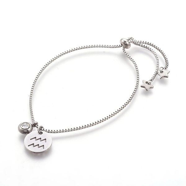 

PandaHall 304 Stainless Steel Slider Bracelets, Flat Round with Twelve Constellations, Aquarius, 10-1/8 inch(25.6cm), 1mm 304 Stainless...