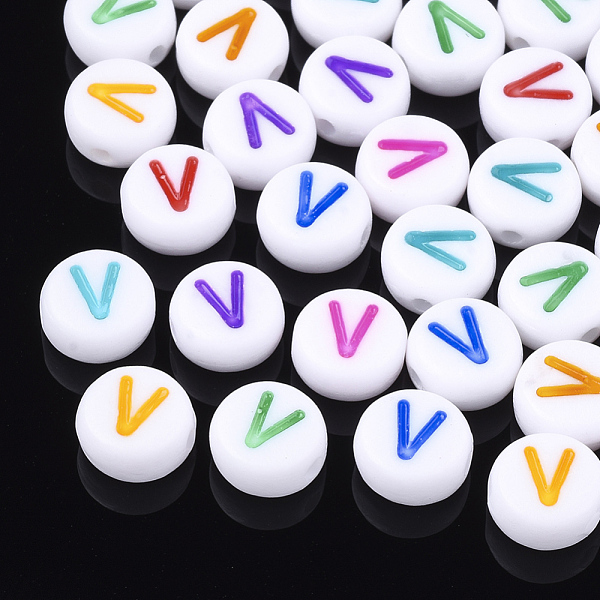 

PandaHall Initial Acrylic Beads, Horizontal Hole, Flat Round, Mixed Color, Letter.V, 7x3.5~4mm, Hole: 1.2mm, about 3700pcs/500g Acrylic..., Multicolor
