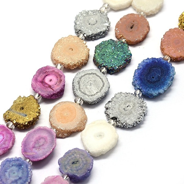 

PandaHall Natural Druzy Quartz Crystal Beads Strands, Solar Quartz, Dyed, Nuggets, Mixed Color, 14~22x13~20x4~6mm, Hole: 1.5~2mm, about..., Multicolor