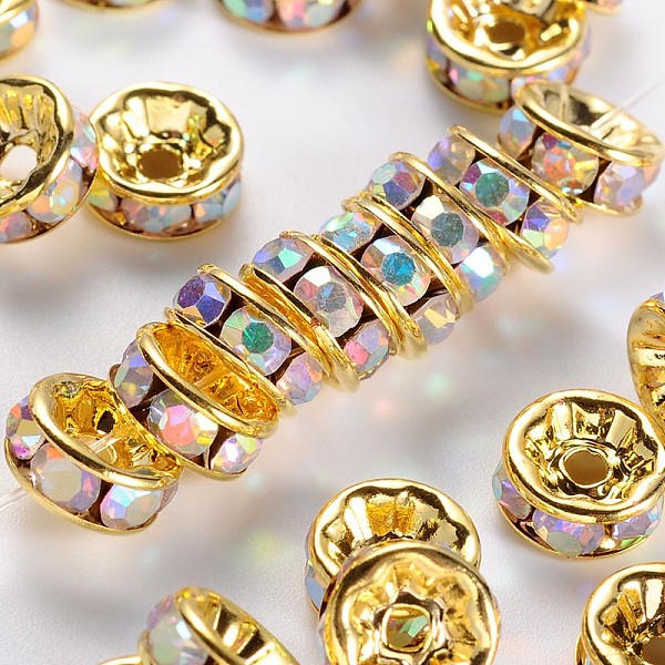 

PandaHall Brass Grade A Rhinestone Spacer Beads, Golden Plated, Rondelle, Nickel Free, Crystal AB, 8x3.8mm, Hole: 1.5mm Brass+Rhinestone..., Clear