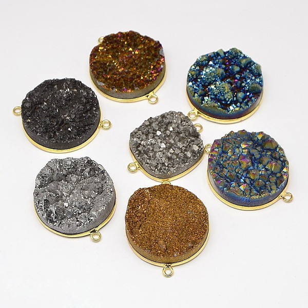 

PandaHall Flat Round Electroplate Rough Raw Gemstone Natural Druzy Crystal Links connectors, with Golden Brass Findings, Mixed Color..., Multicolor