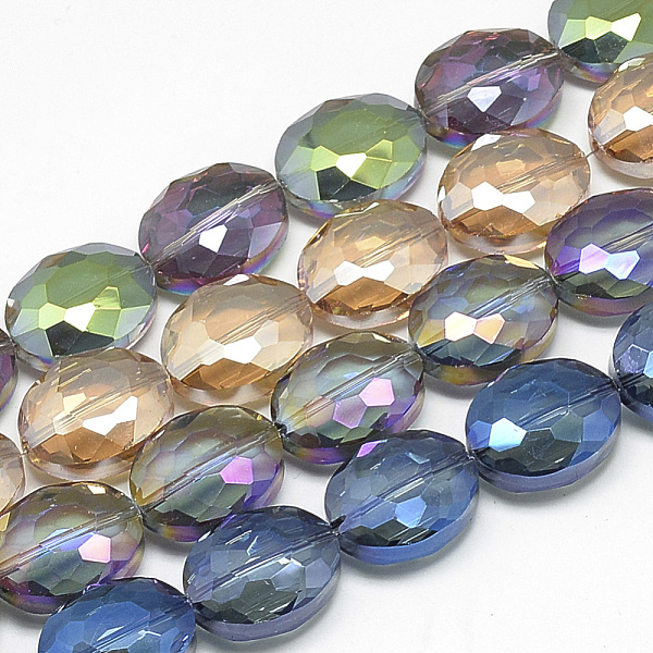 

PandaHall Electroplate Glass Beads Strands, Rainbow Plated, Faceted, Oval, Mixed Color, 16x12x7~8mm, Hole: 1mm, about 50pcs/32.6 inch Glass..., Multicolor